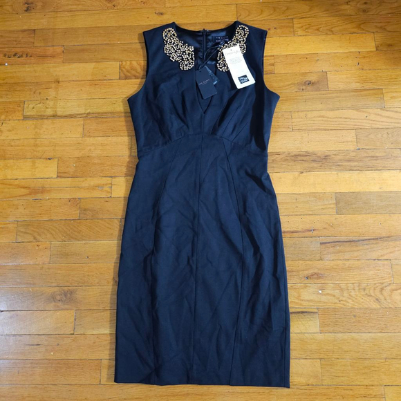 Ted Baker Edella Embellished Bronze Rhinestones Collar Black Sheath Dress Size 2 - Picture 1 of 9